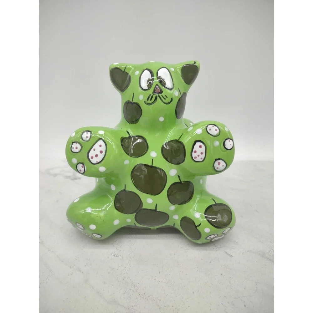 Ganz Ceramic Piggy Bank Kitty Cat Green Apples Painted Signed Pati 5 Inch